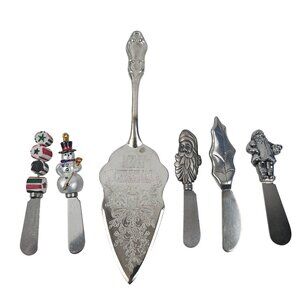 Christmas Spreader Knives Cake Server Santa Snowman Holiday Flatware Lot Charcut